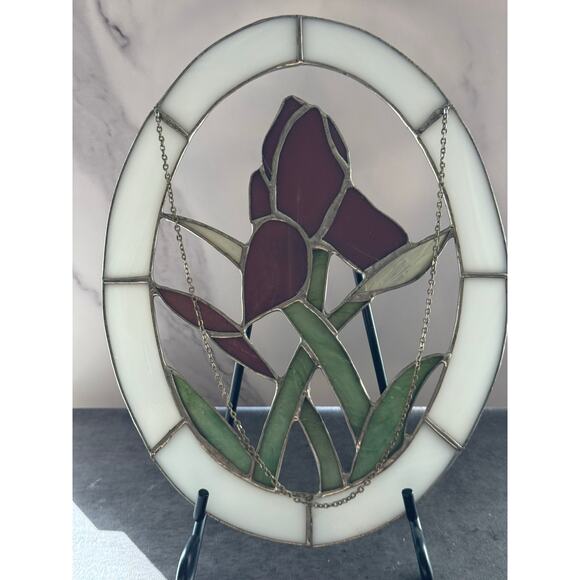 Vintage Leaded Stained Glass Oval Window Pane Iris Suncatcher - Picture 3 of 6